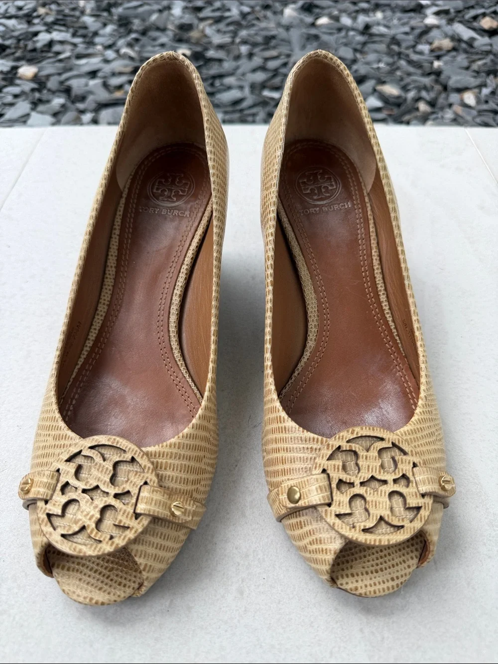 Tory Burch Beige/Tan Peep-Toe Flats with Logo Medallion